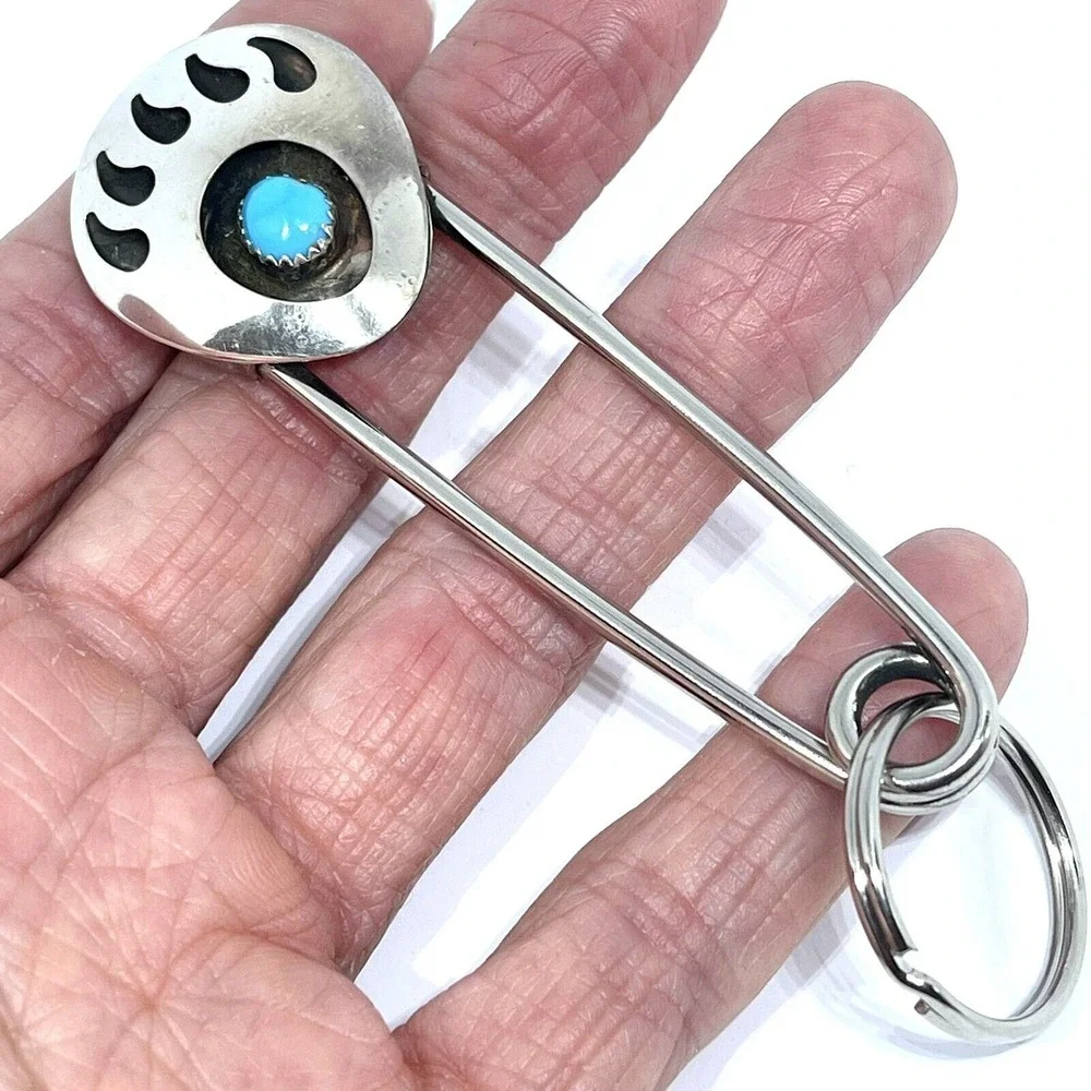 Giant Safety Pin Keyring Navajo Bear Paw Print Turquoise Keychain 4in Mens Gift